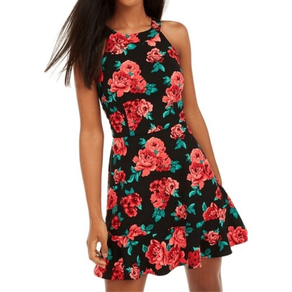 BCX Juniors Black Floral Fit & Flare Dress Size 13 Rose Print Halter Neck